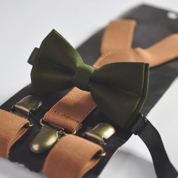 Amy Green Olive Green Cotton Bow tie + Tan Toffee Brown Elastic Suspenders Braces for Men / Youth / Boys Kids / Baby Infant Toddler