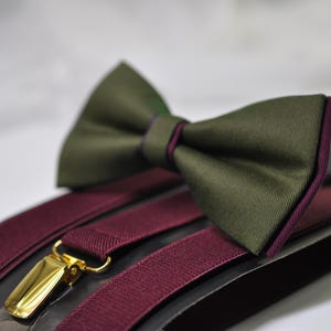 Olive Army Green and Burgundy Dark Wine Red Bow tie Bowtie + Wine Red Suspenders Braces Men / Youth / Boys Kids / Baby Infant Toddler