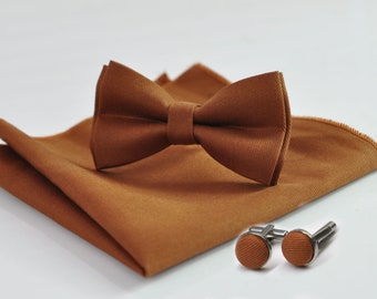 Tan Brown Pretied Cotton Bow tie Bowtie + Cufflinks + Pocket Squares for Men Adult / Youth Teenage / Boy Kids / Toddler Baby Infant