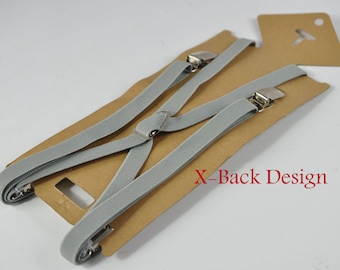 Uomini Donne Unisex Argento Grigio Regolabile Skinny 15mm 1.5cm Wide X-Back 4 Pantaloni Pantaloni Elastic Suspenders Braces Adatta Altezza 110cm a 190cm