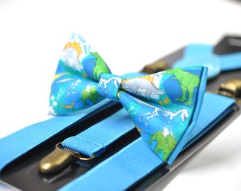 Blue Dinosaur Cotton Bow tie Bowtie + Sky Blue Suspenders Braces for Men / Youth Teenage/ Boys Kids / Baby Infant Toddler