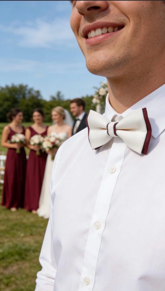 burgundy dress shirt with bow tie Burgundy Wine Red and White Linen Cotton Pre tied Bow tie Bowtie for Men Adult / Youth Teenage / Boy Kids / Baby Infant