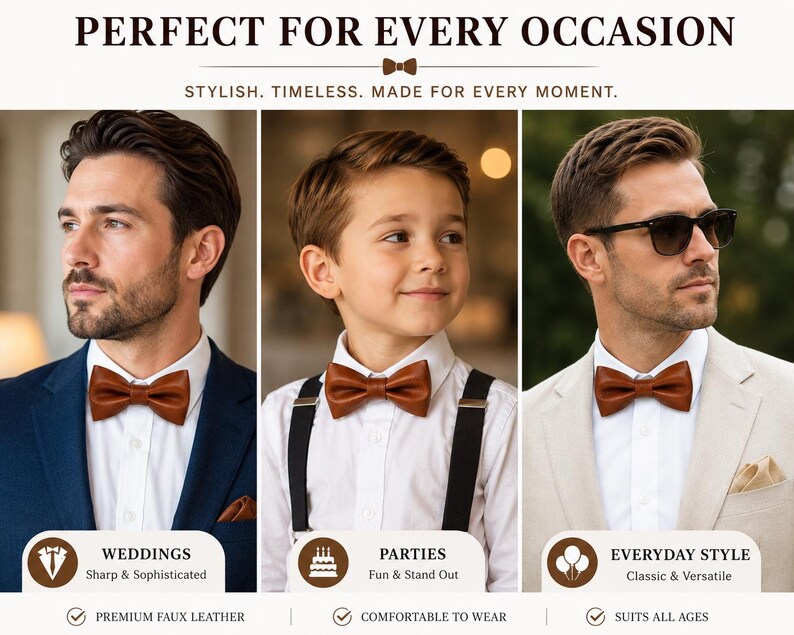 May include: A brown faux leather bow tie worn with a white collared shirt. The image displays three variations: one with a navy blue blazer, one with black suspenders, and one with a beige blazer. Text includes PERFECT FOR EVERY OCCASION.