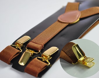 Toffee Brown 25MM Elastic Y-Back Suspenders Braces Gold Golden Metal Clips for Men Adult / Youth  / Kids Boy /Toddler Baby Infant