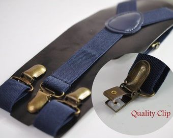 Navy Blue Dark Blue 25MM Elastic Y-Back Suspenders Braces Bronze Metal Clips for Men Adult / Youth Teenage / Kids Boy /Toddler Baby Infant