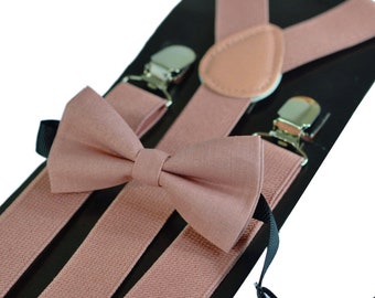 Warm Dusty Pink Cotton Pretied Bow tie Bowtie + Matched Elastic Adjustable Braces Suspenders for Baby Infant /Toddler Boy Kids / Youth / Men