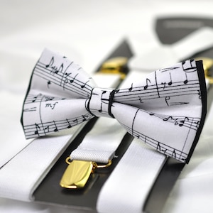 Black White Sheet Music Notes Bow tie Bowtie + matched White Suspenders Braces for Men / Youth Teenage/ Boys Kids / Baby Infant Toddler