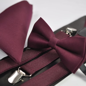 Burgundy Wine Red Cotton Bow tie Elastic Suspenders Braces Pocket Square Hanky Handkerchief for Men / Youth / Boys Kids / Baby Infant BowTie+Braces+Hanky