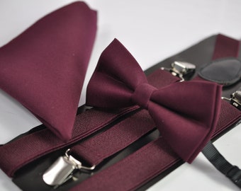 Burgundy Wine Red Cotton Bow tie + Elastic Suspenders Braces + Pocket Square Hanky Handkerchief for Men / Youth / Boys Kids / Baby Infant