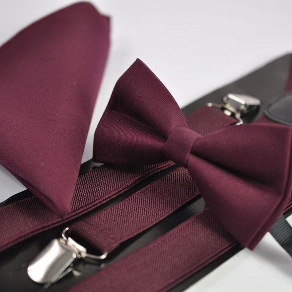 Burgundy Wine Red Cotton Bow tie + Elastic Suspenders Braces + Pocket Square Hanky Handkerchief for Men / Youth / Boys Kids / Baby Infant