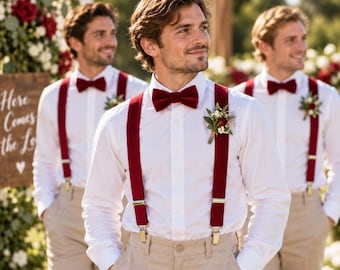 Burgundy Velvet Bow Tie and Suspenders, Groomsmen Wedding Accessories, Groom Bow Tie, Mens Suspenders, Burgundy Wedding Outfit
