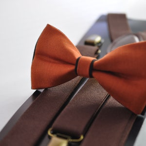 Burnt Orange Black Linen Bow tie Bowtie + Dark Coffee Brown Elastic Suspenders Braces for Men / Youth / Boys Kids / Baby Infant Toddler