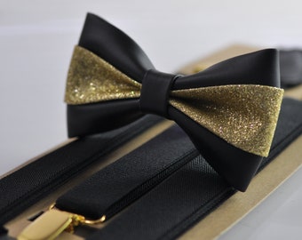 Black Gold Golden Faux Leather Shining Bow tie + BLACK Elastic Suspenders Braces  Men / Youth  / Kids Boy /Toddler Baby Infant