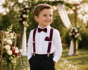 Burgundy Ring Bearer Suspenders & Bow Tie Set, Boys Wedding Bow Tie, Kids Burgundy Suspenders, Pocket Square, Groomsmen Wedding Accessories