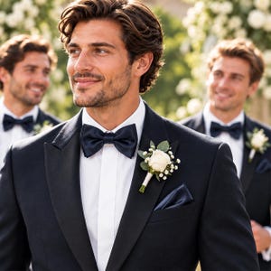 May include: A dark navy blue tuxedo jacket with satin lapels, a crisp white dress shirt, and a matching navy blue bow tie. A white rose buttonhole with green eucalyptus leaves and baby's breath is pinned to the left lapel of the jacket.