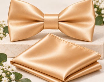 champagne Satin Bow Tie and Pocket Square Set for Men, Groom Wedding Accessories, Groomsmen Bow Tie Set, Cream Wedding Bowtie