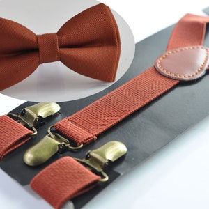 Noeud papillon en coton marron rougeâtre rouille bretelles élastiques assorties pour homme/jeune adolescent/garçon enfant/bébé enfant en bas âge Bow tie + Suspenders