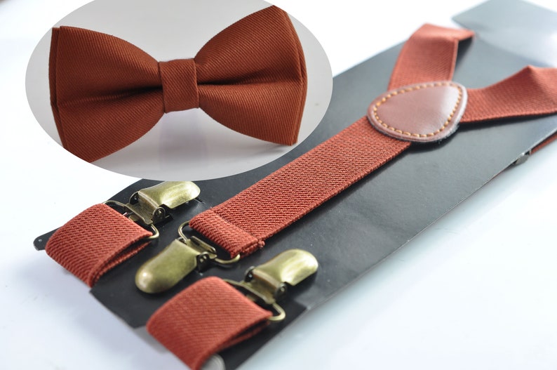 Noeud papillon en coton marron rougeâtre rouille bretelles élastiques assorties pour homme/jeune adolescent/garçon enfant/bébé enfant en bas âge Bow tie + Suspenders