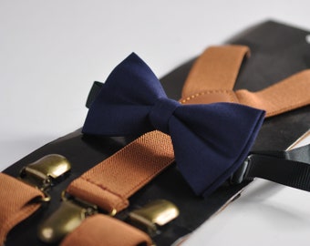 Junior Navy Blue Cotton Bow tie Bowtie + Tan Brown Elastic Suspenders Braces for Men / Youth Teenage/ Boys Kids / Baby Infant Toddler