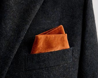 Burnt Orange Velvet Pocket Square  Rust Suede, Men Autumn Wedding Handkerchief, Groom Groomsmen Accessory, Fall Wedding Suit Pocket Square