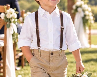Brown Suspenders for Boys Ring Bearer Suspenders, Flower Boy Wedding Outfit, Rustic Wedding Kids Suspenders Toddler Boys Wedding Accessories