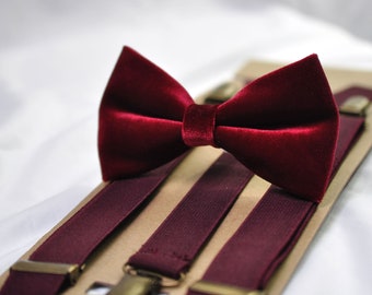 Burgundy Red Dark Red Velvet Bow tie + Wine Red Elastic Suspenders Braces for baby infant toddler / Boy Kids / Youth Teenage / Men Adult
