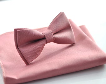 Dusty Rose Pink Musk COTTON Bow tie Bowtie + matched pocket Square Hanky Handkerchief  Wedding for Men / Youth / Boys Kids / Baby Infant