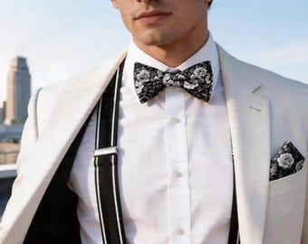 Floral Rose Black Bow Tie + Suspender Set with Matching Pocket Square – Adjustable Elastic Braces for Wedding, Formal, Party For Men Boys