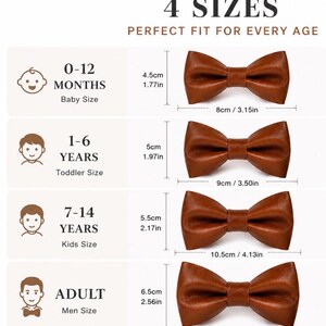 May include: A size chart for four brown bow ties, labeled 4 SIZES. The chart lists sizes for 0-12 months (8cm x 4.5cm), 1-6 years (9cm x 5cm), 7-14 years (10.5cm x 5.5cm), and adult (12cm x 6.5cm), with corresponding icons and measurements.