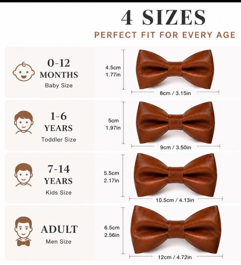 May include: A size chart for four brown bow ties, labeled 4 SIZES. The chart lists sizes for 0-12 months (8cm x 4.5cm), 1-6 years (9cm x 5cm), 7-14 years (10.5cm x 5.5cm), and adult (12cm x 6.5cm), with corresponding icons and measurements.