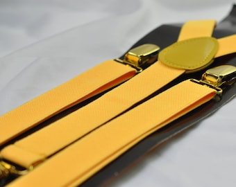 Bright Yellow 25MM Elastic Y-Back Suspenders Braces Gold Golden Clips for Men Adult / Youth  / Kids Boy /Toddler Baby Infant