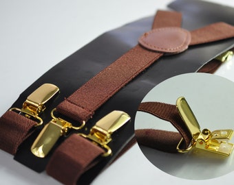 Braun 25MM elastische Y-Rücken Hosenträger Hosenträger Gold Golden Metal Clips für Männer Erwachsene / Jugend / Kinder junge /Kleinkind Baby Kleinkind