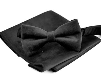 Men's Black Velvet Pre-Tied Bow Tie & Pocket Square Set - Microfibre, Formal & Casual