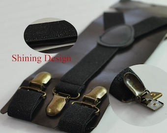 25mm Y-back Black Shining Elastic Suspenders Accolades Bronze Clips for Men Adult / Youth Teenage / Boy Kids / Baby Infant Toddler