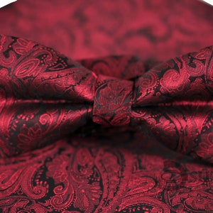 May include: A red bow tie with a paisley pattern. The bow tie is made of a soft, silky fabric.