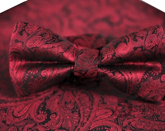 Mens Wine Red Burgundy Yarn-dyed Polyester Silk Paisley Bow Tie and Pocket Square Hanky Handkerchief Wedding Party