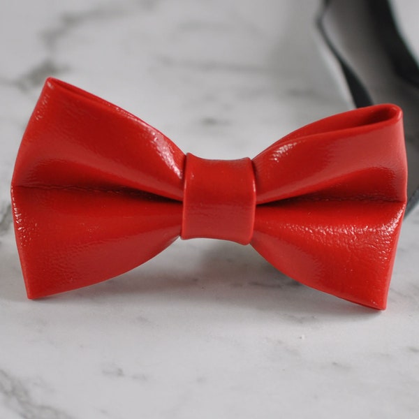 Bright Red Faux Leather Pretied Bow Tie Bowties for Men / Youth Teenage / Toddler Boy / Baby Infant Toddler Wedding Prom