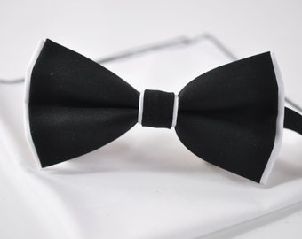 Men Adult Black + White 100% Cotton Bow tie Bowtie + White Pocket Square with Black edge Hanky Handkerchief Wedding Set