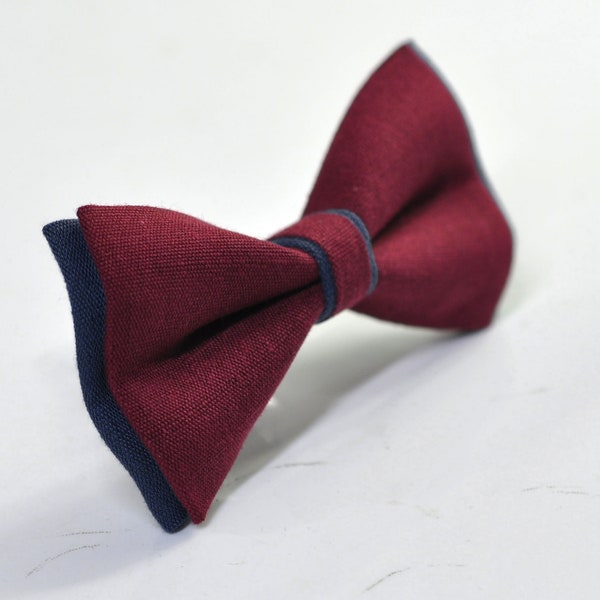 Navy Blue and Burgundy Maroon Wine Red Linen Cotton Pre tied Bow tie Bowtie for Men Adult / Youth Teenage / Boy Kids / Baby Infant