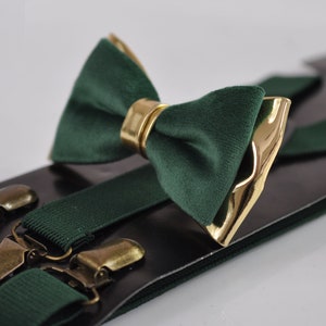 Emerald Green Hunter Green Velvet Gold Leather Bow tie  + Green Elastic Suspenders Braces Men / Youth / Boys Kids / Baby Infant Toddler