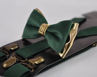 Emerald Green Hunter Green Velvet Gold Leather Bow tie  + Green Elastic Suspenders Braces Men / Youth / Boys Kids / Baby Infant Toddler