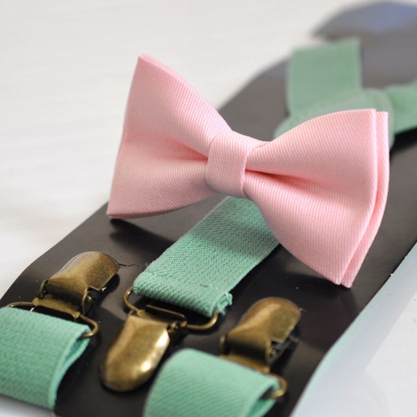 Baby Pink Light Pink Cotton Bow tie Bowtie + Sage Green Elastic Suspenders Braces for Men / Youth Teenage/ Boys Kids / Baby Infant Toddler
