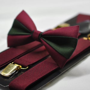 Army Green Olive and Wine Red Burgundy Bow tie Bowtie + Wine Red Suspenders Braces for Men / Youth/ Boys Kids / Baby Infant Toddler