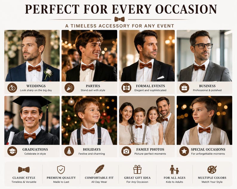 May include: A collage of images featuring a brown bowtie worn by various individuals in different settings. The text reads: PERFECT FOR EVERY OCCASION, A TIMELESS ACCESSORY FOR ANY EVENT, WEDDINGS, PARTIES, FORMAL EVENTS, BUSINESS, GRADUATIONS, HOLIDAYS, FAMILY PHOTOS, SPECIAL OCCASIONS, CLASSIC STYLE, PREMIUM QUALITY, COMFORTABLE FIT, GREAT GIFT IDEA, FOR ALL AGES, MULTIPLE COLORS.