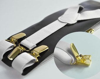 White 25MM Elastic Y-Back Suspenders Braces Gold Golden Metal Clips for Men Adult / Youth  / Kids Boy /Toddler Baby Infant