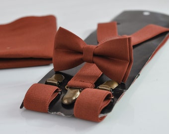 Rust Rusty Red Brown Cotton Bow tie + Elastic Suspenders Braces + Pocket Square Hanky Handkerchief for Men / Youth / Boys Kids / Baby Infant