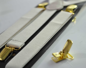 Off-White Ivory Cream 25MM Elastic Y-Back Suspenders Braces Gold Golden Metal Clips for Men Adult / Youth  / Kids Boy /Toddler Baby Infant