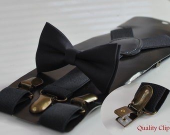 Black Cotton Bow tie Bowtie + Elastic Suspenders Braces Bronze Metal Clips for Men / Youth Teenage/ Boys Kids / Baby Infant Toddler