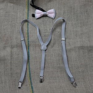 Men Women Grey 15mm Braces Suspenders 100% COTTON PINK Grey Bow Tie BOWTIE Wedding Party