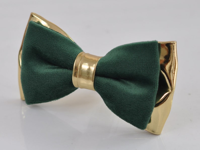 Emerald Green Velvet Gold Leather Bow tie Bowtie pocket Square Hanky Handkerchief Wedding Men / Youth / Boys Kids / Baby Infant Toddler image 4